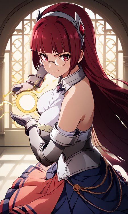 score_9, score_8_up, score_7_up, source_anime, 1girl, inside a elegant palace, <lora:Smooth Anime 2 Style SDXL_LoRA_Pony Diffusion V6 XL:1>, 1girl, <lora:Alicia_Crystella_-_Isekai_Maou:1> red hair, glasses, eyewear, hime cut, long hair, large breasts,  armor, bare shoulders, metal hairband, metal gloves, skirt, short plated skirt, looking at viewer with a gentle smile, dramatic lighting, upper side view,   <lora:kamehameha charge stance:0.86> charge stance, kamehameha charge stance, , energy ball, aura, electricity