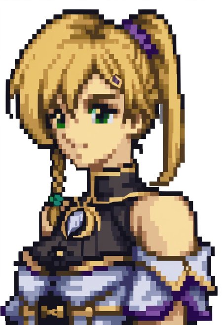 score_9, score_8_up, score_7_up, source_anime, 1girl, solo, smile,
<lora:zs_FE4PortraitsXL:1> fe4portraits, portrait, pixel art, white background
<lora:yskarja-pdxl-nvwls-v1-000005:1> ysKarja, blonde hair, green eyes, single braid, scrunchie, side ponytail, white coat, turtleneck, brooch, detached sleeves