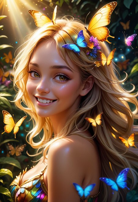 (medium full shot) of (vibrant butterflies) with rainbow prismatic striped wings, golden yellow body, feathery antennae, soft fur tufts, set in  a mystical sunlit garden, with glowing petals, ethereal lights, a magical aura, woman smiling, ,Masterpiece,best quality, raw photo, realistic, very aesthetic