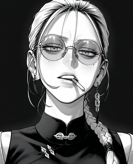 <lora:gokurakugai:1> gokurakugai,
(masterpiece), (best quality), (ultra-detailed), amazing quality, very aesthetic, illustration, perfect composition, intricate details, absurdres, incredibly absurdres, shiny skin, realistic,
 gokurakugai, monochrome, , 1girl, greyscale, cigarette, solo, glasses, braid, round eyewear, mole, smoking, , black background, mole under eye, looking at viewer, earrings, jewelry, simple background, portrait, parted lips, braided ponytail, single braid, long hair, mouth hold, general
