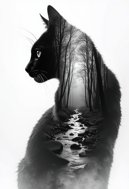 silhouette of a cat, wooded stream, double exposure, crisp lines, double exposure background, hyperdetailed, concept art, monochromatic, bo-exposure, double exposure,