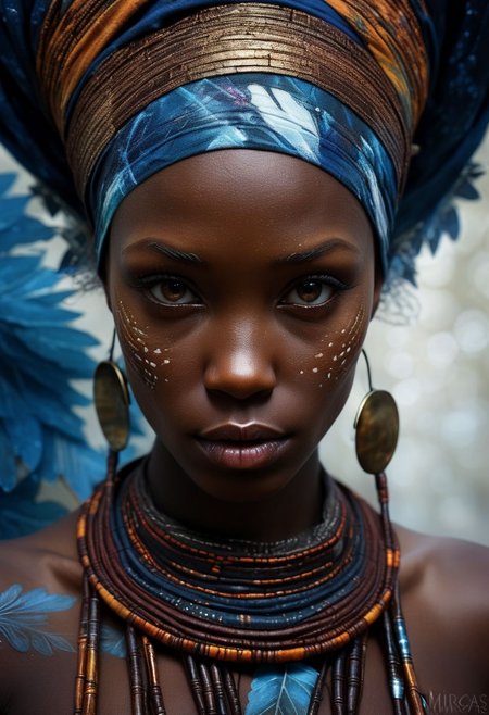 Close-up face, make-up, mysterious african girl in traditional clothing, goddess, alluring, by Minjae Lee, Carne Griffiths, Emily Kell, Steve McCurry, Geoffroy Thoorens, Aaron Horkey, Jordan Grimmer, Greg Rutkowski, amazing depth, double exposure, surreal, intricately detailed, bokeh,  perfect balanced, deep fine borders, artistic photorealism , smooth,  great masterwork by Suiras  <lora:add-detail-xl:2>  <lora:Double_Exposure:0.5>