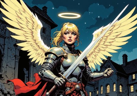 comic book style of an angel with a halo over her head, wearing traditional medieval knight's armor with  large unfurled wings, holding a sword with both hands raised in a combat stance,  in a medieval courtyard at night with a determined facial expression, she has blonde ponytail with bangs 