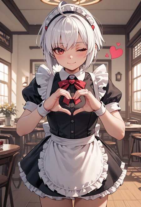 score_4,score_5,score_6,score_7_up,score_8_up,score_9 ((masterpiece,best quality,ultra detailed,highres,HD,4k:1.2)), 
1girl, solo,solo focus,girl focus,face focus,
Copen(GV),white hair, ahoge, short hair,sidelocks,red eyes, dark eyes,head gear,
((Maid outfit,Sleeveless, maid headband, frilly apron,Short sleeves, short skirt, thighs:1.1)),
inside the cafe, ((Make a heart symbol with both hands, heart with both hands,heart hands,heart symbol,heart,heart effect,)), 
blush,shy,light smile,closed mouth,((wink,closed one eye)),