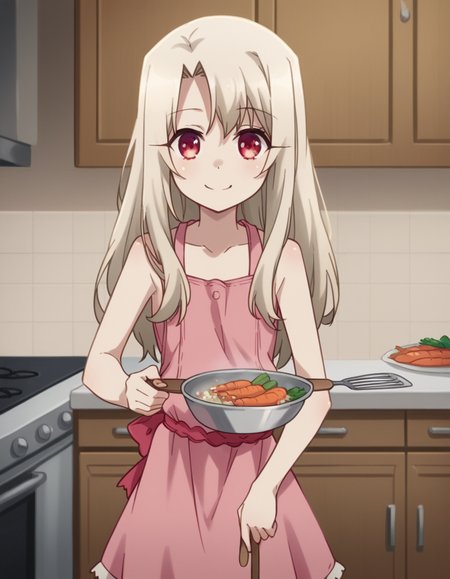 score_9, score_8_up, score_7_up, source_anime, <lora:illyasviel-von-einzbern-prisma-s2s3-ponyxl-lora-nochekaiser:1>,, illyasviel von einzbern, long hair, blonde hair, red eyes, parted bangs,, dress, collarbone, sleeveless, sleeveless dress, pink dress,, kitchen, cooking, apron, cutting vegetables, home cooking, smile, looking at viewer, arm straight out to the side, solo,, cowboy shot, dutch angle