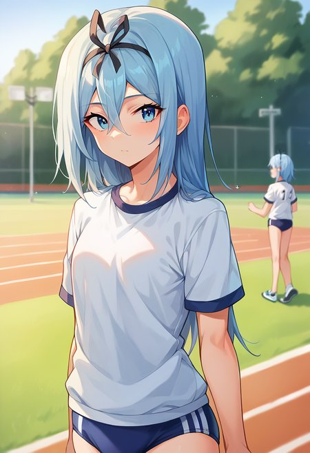 score_9, score_8_up, score_7_up, source_anime, masterpiece, 1girl, ctiankrulc1fer, solo, light blue hair, blue eyes, gym outfit, buruma, gym shirt,  facing viewer, looking at viewer, outdoors, trackfield, depth of field, sunny, day, swea<lora:Krulcifer_Einfolk_pony_ct:1>