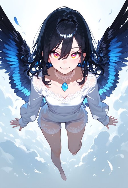score_9, score_8_up, score_7_up, anime, best quality, 1girl, black hair, rainbow eyes, gem eyes, long eyelashes, black eyelashes, hair between eyes, light skin, small chest, wide hips, perfect face, detailed body, slightly wavy hair, cute, small, long hair
BREAK dynamic pose, volumetric lighting, expressive, 
BREAK, full body, rainbow wings, hummingbird wings, feathers, smile, flying, dynamic pose, feather ears, feathers in hair, mysterious, Moonlight, ethereal magical atmosphere, view from above, large v-shaped clavicle, white shirt, lace dress, loose sleeves, white lace choker,