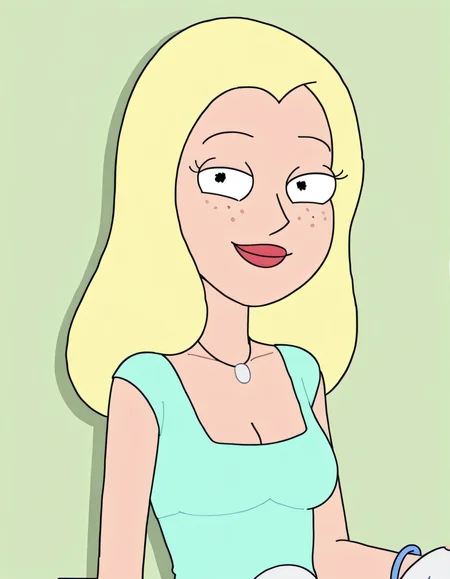 <lora:DianeIllustrious1.0JLFO:1> diane, 1girl, blonde hair, solo, freckles, long hair, necklace,white pants breasts, cleavage, aqua shirt, smile, bracelet,looking at viewer, upper body, portrait,