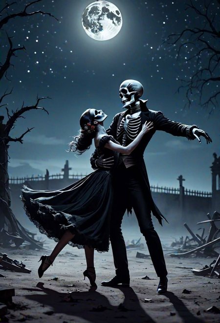 an eerie Dance of Death, figures entwined in a macabre ballet under a glowing moon against the backdrop of a night sky, shadows casting long on the abandoned landscape, 6k resolution, dramatic lighting, ultra fine details