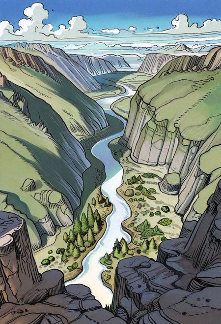 masterpiece, best quality, very aesthetic, absurdres, rakugakingu, A sweeping aerial view of the rugged Scottish highland valley, natural rock formations interwoven with vivid wildflower carpets and dense emerald woods. Emphasis on natural textures, subtle shadows, dramatic sky gradients, and refined 8k masterpiece quality. Eye-level close-ups reveal dew-kissed leaves, detailed bark textures, and intricate stone patterns, while dynamic tracking compositions capture the fluid transition between terrains. majestic mountains and soft, undulating grassy hills, Exquisite spatial composition, ethereal atmosphere, and intricate detailing create a mesmerizing tableau of diverse natural landscapes. illustration, bold outlines, flat colorsbnsky