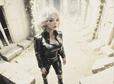 score_9, score_8_up, score_7_up, Fighting scene, shot from above, looking up against all odds, woman, pale skin, large breasts, <lora:sm0k3XLP:1>, <lora:goth_clothes:1>, Black leather jacket, black leather pants, black riding boots, white highlights, Shoulder length hair, unnatural haircolor, <lora:Our_Muted_Future_Style:1>, <lora:0777 no one world_v1_pony:1> ruanyi0777, moss, vines, overgrown, tree, ruins,