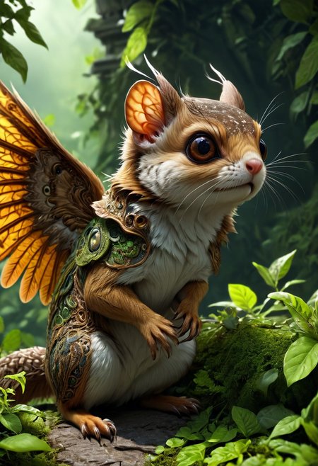 (masterpiece, best quality, stunning, extraordinary, photorealistic, hybrid creature, flying squirrel, centipede, (dramatic lighting, intricate sharp details, overgrown background, volumetric lighting, close-up view, (fantasy, surreal, dramatic, (incredibly detailed wings, intricate patterns, detailed eyes)))), trending on ArtStation, trending on Instagram