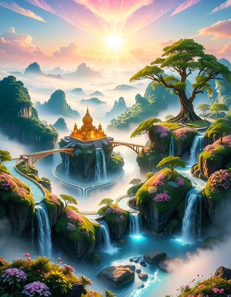 A mesmerizing celestial background featuring an otherworldly paradise. Towering crystalline mountains with peaks that glow softly under a sky painted in shifting hues of iridescent blues, pinks, and golds. Rivers of liquid light flow through vast, open meadows filled with luminescent flowers that pulse with a gentle glow. Gigantic, translucent trees with silver leaves sway in a breeze that carries floating particles of golden dust. Suspended bridges made of shimmering energy connect ancient, floating monoliths engraved with intricate celestial patterns. In the distance, an enormous radiant waterfall cascades into a bottomless, mist-covered abyss, reflecting the surrounding ethereal glow. A tranquil atmosphere, untouched and divine, filled with an overwhelming sense of wonder and serenity.
<lora:SDXLFaeTastic2400:0.4> <lora:extremely_detailed:0.4> extremely detailed, <lora:heavenly_l4ndsc4p3:1>,heavenly l4ndsc4p3, Masterpiece,best quality,hi res,8k,hi res,8k,award winning,(sharp focus, intricate, highly detailed),