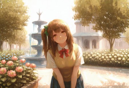 masterpiece, best quality, amazing quality,
1girl, (aged up:1.2), leaning forward, cute, smile, looking at viewer, head tilt happy, excited,dappled sunlight,sun light,tree shadow, lovelive_kotori,yellow sweater vest, short sleeves, blue plaid skirt, red bowtie, breasts, grayish brown hair, green hair bow, bangs, one side up, long hair, amber eyes, cute girl
BREAK
detailed background, street, daylight, day, sunlight, dappled lighting, realistic shadow, sketchy strokes, potted plant, flowers, garden, fountain, water splashes, depth of field,usnr,rainbow, cinematic shot