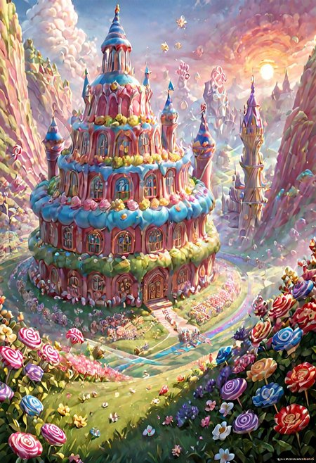 Candy Land,matchcraft floating island,((castle)),ruanyi0956, labyrinth, ((labyrinths)),labyrinth multicolor, grass,flower field,lalangheej, flores rainbow, flowers multicolor, rainbow ,outdoors,sunset,score_9,score_8_up