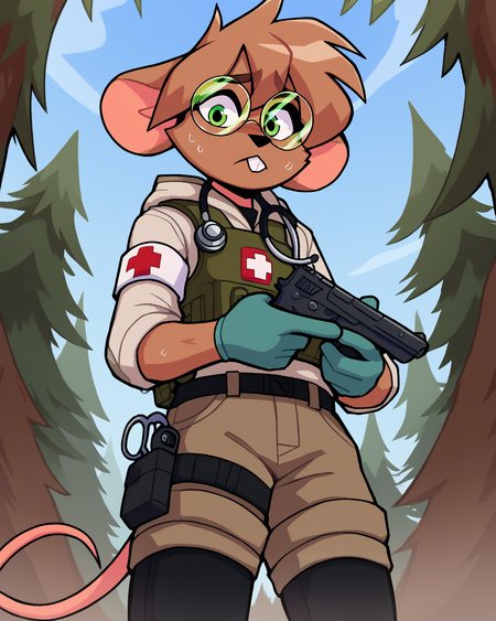 score_9_up, score_8_up, score_7_up, score_6_up, by remanedur, furry female, mouse, green eyes, body armor, round glasses, stethoscope, brown hair, armband, tail, brown fur, black thigh highs, combat boots,  buckteeth, gloves, medic, cargo shorts, hoodie, uniform, short hair, nervous, head tilt, sweat, solo, holding gun, handgun, low-angle view,   three-quarter view, forest, <lora:Leah_Pines(AIM)_XL_v1:0.15> <lora:PDXL_artist_tags_v2_big:0.5> <lora:The-Minuscule-Task_PDXL_v1.0:0.6>   <lora:Diana_Engel_v2_WirelessShiba:0.65>