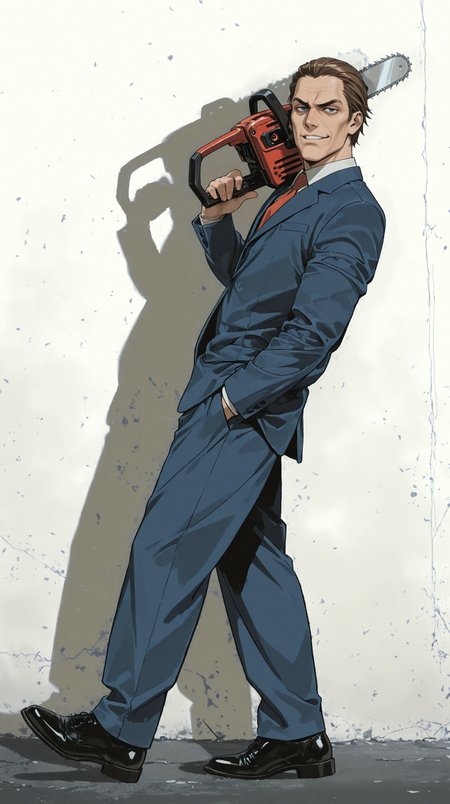 1boy, solo, brown hair, hair slicked back, thick eyebrows, dark blue eyes, detailed eyes, parted lips, 
businesswear, blue suit, dress shirt, necktie, formal shoes, 
chainsaw, weapon, holding chainsaw, chainsaw over shoulder, 
walking, casual pose, hand in pocket, confident pose, looking at viewer, smirk, serious expression, psycopath, villain, american psycho, stylish, 
minimalist background, white background,
masterpiece,best quality,amazing quality,very aesthetic,absurdres,newest, (anime coloring:1.3)