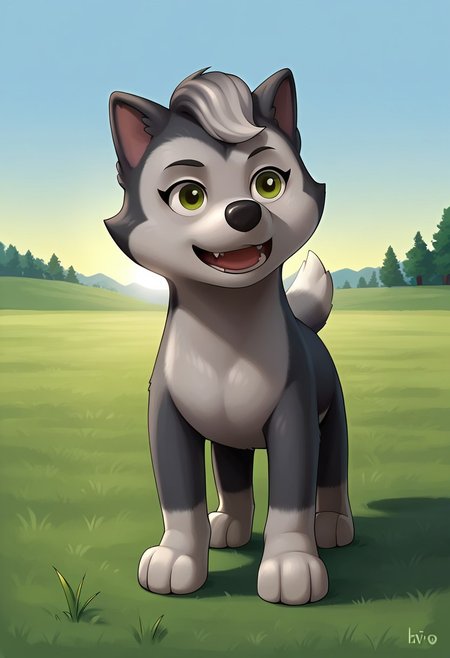 BREAK score_9, score_8_up, score_7_up, source_anime, front view, 1girl, solo, Gasket_PP, feral, dog, alaskan malamute, two tone fur, gray-white, grey tuft, green eyes, fluffy tail, grass, detailed background, day, sun, blue sky, (dynamic pose:1.5), (creativity:1.5),