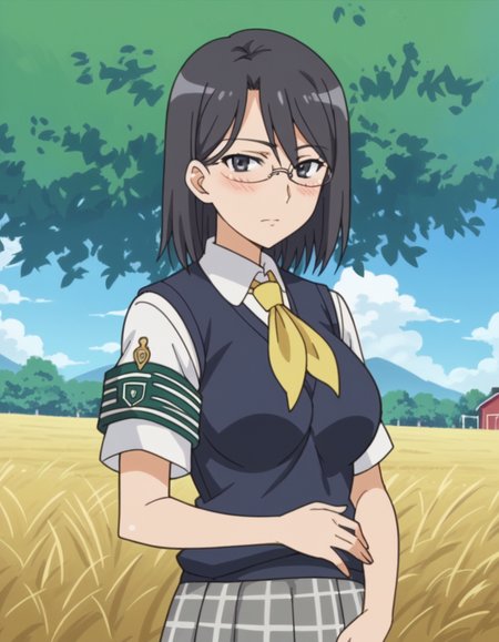 score_9, score_8_up, score_7_up, source_anime, <lora:mii-konori-s1-ponyxl-lora-nochekaiser:1>, mii konori, short hair, black hair, black eyes, glasses, hair between eyes, mature female, anime screencap,, skirt, school uniform, plaid skirt, armband, sweater vest, neckerchief, yellow neckerchief, green armband, pleated skirt,, barn, animals, hay, farming, rural, , hand on stomach, blush,, looking at viewer, solo,, dutch angle, cowboy shot