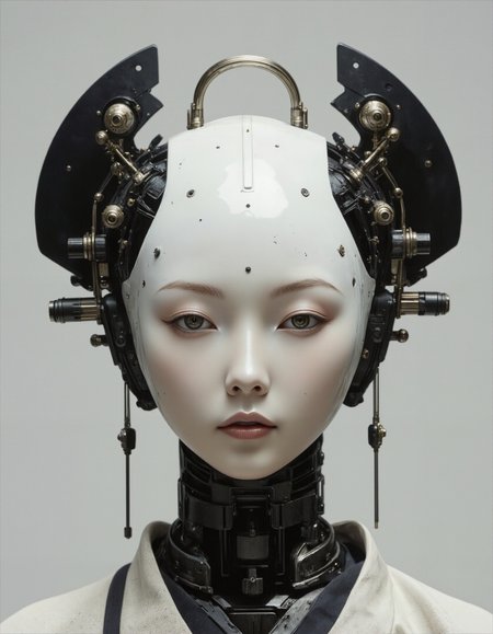 (geisha::0.9) (android robot face::2.2),white ceramic material,many mechanical details,seams, scuffing, rust,(camera lenses instead of pupils:1.5) (traditional intricate japan clothes:1.5) (style by Yuri Shwedoff),shallow depth of field, vignette, (Fujicolor Superia X-TRA 400)
<lora:artisketchyfs-v02:0.85>
<lora:flux.1_lora_flyway_Epic-detail_v2:0.7>   <lora:Dark_Gray_Photography:0.7>