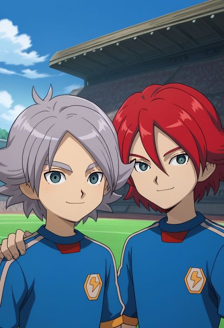score_9, score_8_up, score_7_up, source_anime, highly detailed, skinny, slender, 2boys,
hiroto2, 1boy, soccer uniform, sportswear, red hair, upper body, tracksuit, smile, BREAK 
fubuki2, 1boy, soccer uniform, sportswear, smile, raimon soccer uniform, raimon, grey hair,
standing, hand on shoulder,