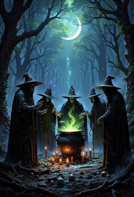 A group of witches gathered around a large cauldron in the middle of a dark forest clearing. The witches wear tattered, old-fashioned black robes, their faces partially hidden under wide-brimmed hats. One witch stirs the glowing, bubbling liquid in the cauldron, while others chant spells and raise their hands toward the crescent moon above. The ground is littered with strange symbols, candles, and bones. The atmosphere is eerie and filled with thick mist, with flickering green and purple lights casting shadows around the clearing. The crescent moon in the sky adds a mystical glow to the entire scene.  <lora:FluxMythP0rtr4itStyle:0.8> MythP0rt, <lora:aidmaMJ6.1-FLUX-V0.2:0.6> aidmaMJ6.1, <lora:sxz-Dark-Fantasy-v2-Flux:0.66> drkfnts style,