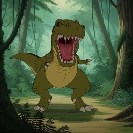 score_9, score_8_up, score_7_up, score_6_up, score_5_up, score_4_up, source_furry, mamarexlbt, feral, female, Tyrannosaurus, dinosaur, green skin, closed eyes, jungle, standing, mouth open, roaring, spittle, saliva,