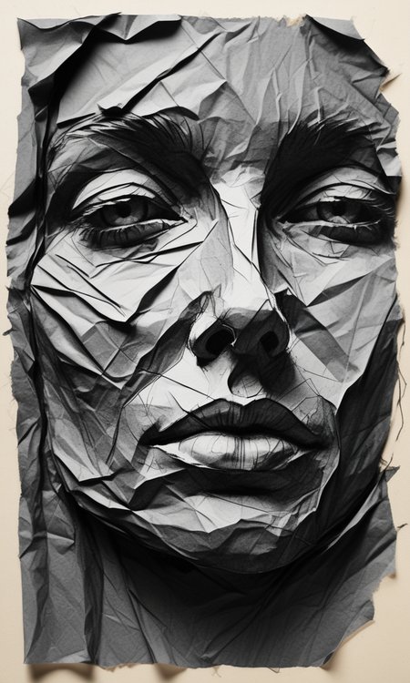 (sketched on crumpled up paper that has been smoothed out again). ((abstract charcoal sketch)). half-face portrait, simple composition. dramatic, half-turn, 3q view