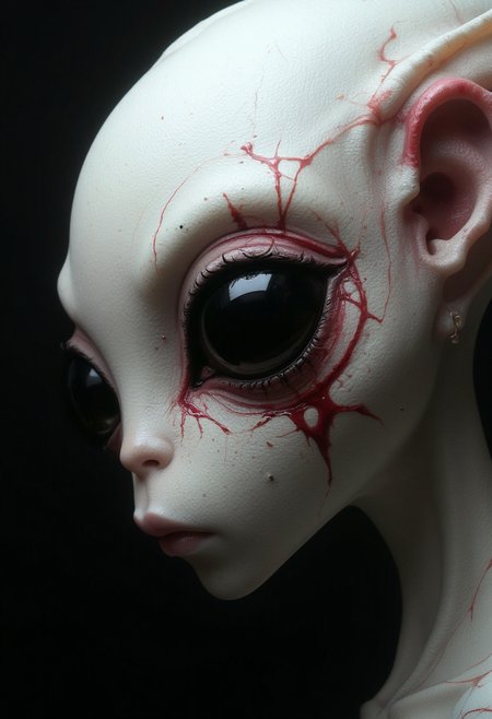 A high-resolution hyper-realistic close-up masterpiece of an albino alien with big eyes, golden ratio, dutch angle, dynamic, side view, asymmetry, contrasting, unique, enigmatic, Crimson Rose