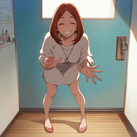 <lora:SlimesUrarakasMom:1>, score_9, score_8_up, score_7_up, slimes_urarakasmom, woman, solo, smiling, surprised, eyes closed, full body, closeup, hands behind, leaning forward, looking at viewer