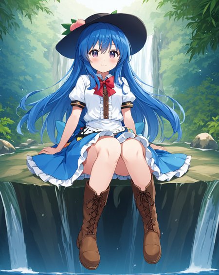 hinanawi tenshi,1girl, solo, sitting, blue_skirt, white_shirt, peach, smile, looking_at_viewer, brown_footwear, puffy_short_sleeves, blush, hat_removed, red_bowtie, knee_boots, hand_on_own_cheek, lace-up_boots, closed_mouth, leaf, head_tilt, frilled_skirt, waterfall, full_body, black_headwear, blue_bow
<lora:hinanawi_tenshi_image10043_2023-12-20:1>,star-shaped_pupils,symbol-shaped_pupils,. gorgeous,key visual, vibrant, studio anime,award-winning, professional, highly detailed,high budget, cinemascope