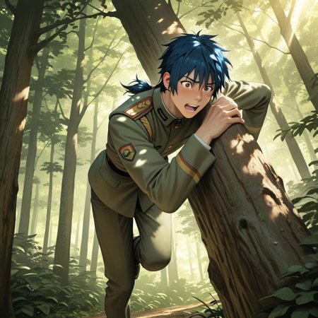 masterpiece, best quality, amazing quality, absurdres, newest, detailed background, definition so sharp, Ultra-HD, 8K cinematic, very awa, impressionate, amazing quality, highres, 
solo, male focus, manly, 
daikakukokujouji, 1boy, short hair, tied hair, low tied hair, lieutenant_pretime, lieutenant_blue hair, lieutenant_brown eyes, climbing, excited expression, but slipping, forest, sunlight, dappled light, energetic, adventurous, clumsy, charming, youthful