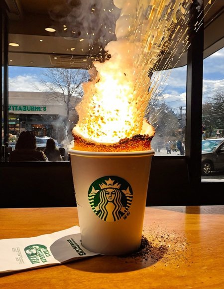 Explosion Artstyle coming from inside a starbucks coffee cup, overpriced, woke, surreal, disturbing, photorealistic, high resolution, beautiful, highest quality, masterpiece, highly detailed,  <lora:add-detail-xl:0.85> <lora:Explosion Artstyle - Trigger is Explosion Artstyle:1>