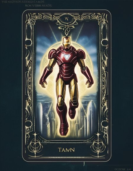 A tarot card featuring Iron Man as the central figure. The card embodies the essence of strength and innovation, with Iron Man posed heroically, his suit gleaming with advanced technology. Behind him, a futuristic cityscape blends with mystical symbols, bridging the realms of modern science and ancient wisdom. The card's border is ornate, with intricate designs that hint at arcane knowledge. Iron Man's gaze is confident and forward-looking, symbolizing a journey of self-discovery and the harnessing of one's inner power. <lora:edrtcard:0.75>