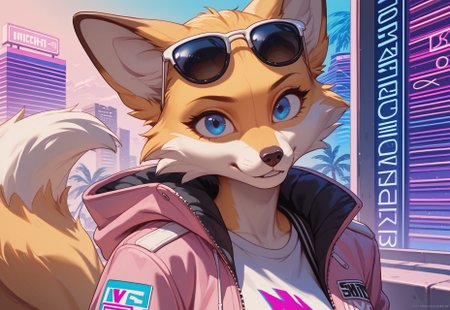 (score_9, score_8_up, score_7_up), anthro, female, fox, black sunglasses, upper body, pink suit jacket, solo, high resolution, (synthwave), vice city, light, high_quality, tails, yellow skin, blue eyes, 2 tails