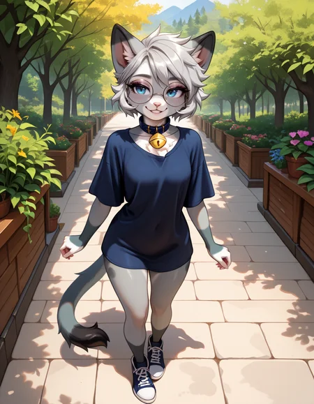 masterpiece, best quality, very aesthetic, absurdres,
outdoors, casual, 
full body, posing, 
seductive smile, parted lips, long eyelashes,
<lora:Nixuelle_v01_NAIXL:1>
Nixue11e,1girl,solo,furry,furry female, cat girl, cat ears, short hair, grey hair, blue eyes, round eyewear, snout, animal nose, collar, neck bell, body fur, two-tone fur, grey fur, white fur, cat tail,
