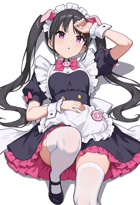 Smooth Quality,masterpiece,very intricate, high quality details, ultra realistic, high detailed skin,detailed enviorement,absurdres,
 <lora:Hiiragi_Yume_Yumechi_CNR:1> hiiragi_cnr, black hair, long hair, twintails, purple eyes,fake animal ears, pig ears, hiiragi_maid_cnr,maid, maid headdress, maid apron, frilled apron, black dress, puffy short sleeves,white thighhighs, black footwear,fingerless gloves,white wrist cuffs,pink bowtie, frills,, simple background, white background, front view,solo,
lying supine, one knee up, arm draped over forehead, other hand on stomach  ,, diamond mouth,