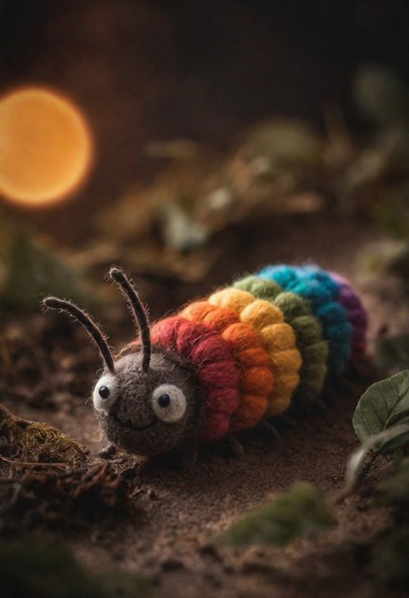 Blade Runner Style, Craft a heartwarming description for this adorable photo: Picture a small, simple, cuddly felt Brown Caterpillar from above. The scene is so sweet that it melts even the toughest hearts. Describe the loving atmosphere created by the combination of felt, smiles, and hearts.
