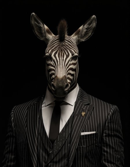ZooPolis art. A photo-realistic portrait shoot from a frontal camera angle about a zebra wearing a striped suit, set against a black background. the image also shows a neutral expression. on the middle of the image, a male zebra appears to be in his mid-twenties, wearing a black and white striped suit with a white shirt and a black tie. the zebra is facing the viewer, looking directly at the camera. the man has a slim body and a serious expression. the background is completely black, allowing the focus to be on the man's face and the suit.