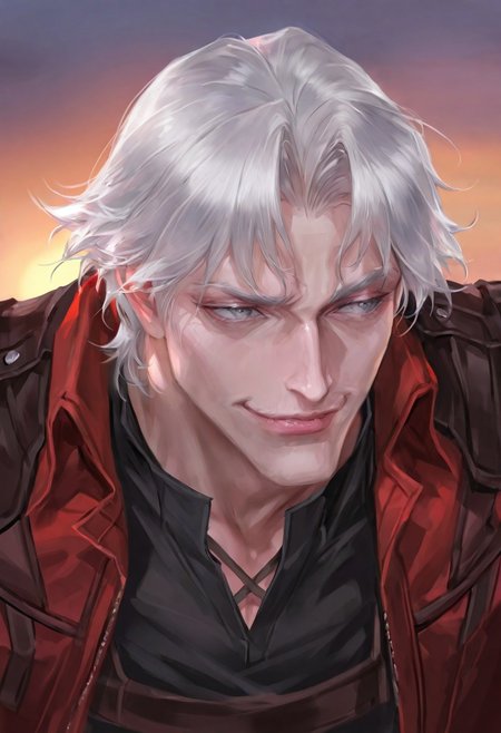 masterpiece, very aesthetic, absurdres, best quality, detailed face, detailed eyes, intricate details, 1boy, solo, dante, smile, smirk, single eyebrow up, white hair, curtained hair, armor, open jacket, shoulder armor, red jacket, shirt, coat, black shirt, jacket, grey eyes, closeup, portrait, outdoors, sunset, fantasy, cinematic, bm94199