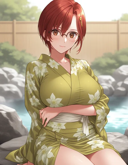 1girl, solo, aozaki touko, red hair, short hair, brown eyes, over-rim eyewear, light smile, big breasts, Touko_PR, green kimono, floral print, yukata, white obi, thigh, hair ornament, one arm under breasts, sitting on rock, depth of field, onsen, outdoors, light theme <lora:aozaki_touko_ilxl_v1:0.8>