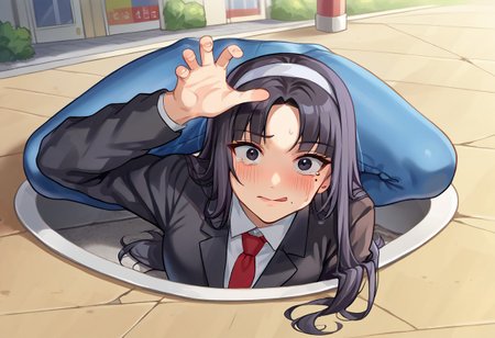 score_9, score_8_up, score_7_up, source_anime, solo, 1boy, sexy boy, kwkm, black eyes, black hair, long hair, blunt bangs, parted bangs, white hairband, mole under eye, school uniform, red necktie, black jacket, hand on floor, high heel boots, ((blue yoga pants)), black tights, triplefold,flexible, straight teeth, portrait, pink high heel boots, spread legs, (front view of body, view from front), (sweat fling), (ass in motion), (skinny waist, skinny hips, thick thighs), (long legs, thick legs), (fat ass:1.5), (shiny ass), (thick legs,sexy legs), Majima everywhere, arm up, upper body, wide open eyes, tongue out, shocked expression, surprised, embarrassed, closed mouth, ((from above)), tears, crawling, outdoors, sidewalk, blue sky, crowd in distance
