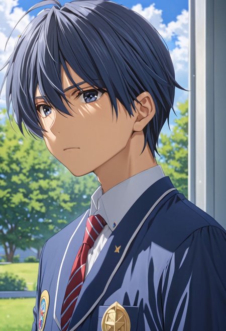Tomoya Okazaki, masterpiece, best quality, 1boy, solo, male focus, High definition, grey blue hair, 4K, school, uniform school