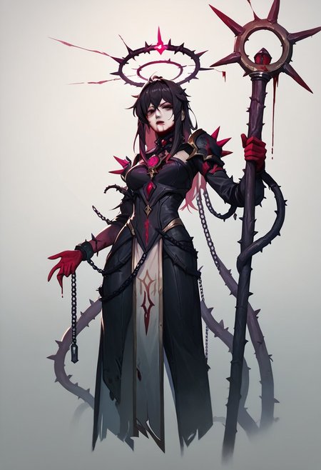 score_9, score_8_up, score_7_up, 
character design, sci-fi, perfect anatomy, dark, cultist, 
1girl, solo magical girl, magic staff, magical, 
chains, spikes, thorns, gore, blood, metal halo, 
simple background, white background,