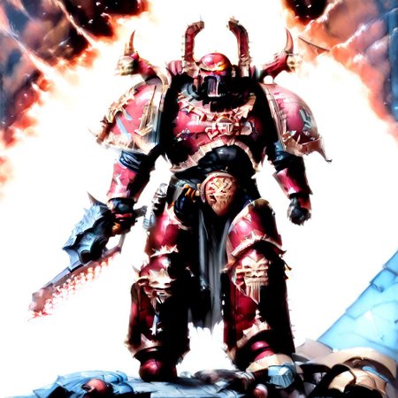 Score_9_up, absurdres, Source: GamesWorkshop, best quality, expressive eyes, perfect face, space marine, World Eaters Traitor Astartes Chapter Exalted Eightbound Berserker holding a chainsword, red armor, spiked horned astartes helmet, full body, volumetric lighting project unreal engine, mantisdetailerse, <lora:warhammerAdeptus_v1:0.7>,