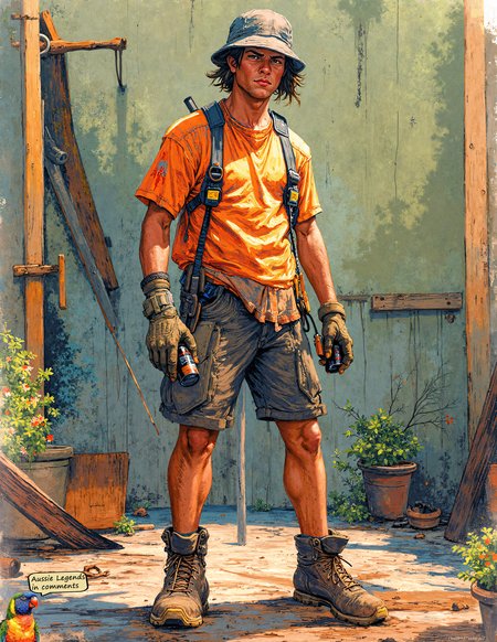A lanky Australian apprentice tradesperson stands casually in a backyard his posture slightly hunched exuding the exhaustion of a long day’s work. His disheveled mid-length hair peeks out from under a worn bucket hat strands sticking awkwardly to his sunburned forehead. His high-visibility workman’s shirt loose and stained with a streak of tomato sauce hangs untucked over a pair of faded footy shorts. Oversized well-worn boots encase his hairy legs scuffed from countless days on the job.  He holds a dirt-smeared shovel slung over one shoulder the other hand loosely clutching a black energy drink condensation dripping down the can. His face sun-kissed and reddened around the nose carries a mix of tiredness and mild confusion his brows furrowed and lips slightly parted as if caught mid-thought.  The background is minimal yet suggestive of a garden or backyard workspace. A wheelbarrow tipped on its side lies nearby and a few potted plants rest unevenly along a dusty path. Behind him the faint outline of a half-finished wooden deck is visible planks scattered haphazardly while tools like a hammer and a saw glint faintly in the sun. These elements fade into abstract washes of muted greens and browns. The composition is raw and candid capturing an unpolished distinctly Australian moment of labor and fatigue. Anime style. 