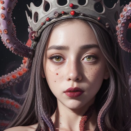japanese line art  , High detail, high definition, and highly detailed masterpiece. Double exposure of ( 1 young girl grey eyes with black freckles all over her body, crown made of eyes, getting fucked by octopus)  and (purple red and green tentacles). Mystical, luminist atmosphere. In the style of takato yamamoto,  red full moon on background , <lora:takma2:1.2>