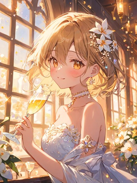 <lora:shenmingshaonv_xl:1>,(\shen ming shao nv\),dress,flower,hair flower,hair ornament,solo,jewelry,white dress,yellow eyes,smile,blush,looking at viewer,earrings,drinking glass,bare shoulders,bangs,off-shoulder dress,short hair with long locks,closed mouth,alternate costume,choker,off shoulder,indoors,hair between eyes,sparkle,white flower,white choker,champagne flute,upper body,window,