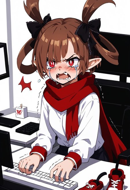 score_9, score_8_up, score_7_up, detailed, anime, xenosicily, solo, 1girl, brown hair, red eyes, white pupils, hair over one eye, twintails, hair bow, pointy ears, fang, red scarf, red shoes, black pantyhose, keyboard \(computer\), computer, mouse \(computer\), angry, shaking, yelling, crying
