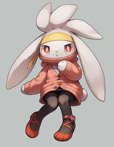 score_9, score_8_up, score_7_up, score_6_up, score_5_up, score_4_up, 1girl, full body, solo,
 <lora:Raboot_v0-3:1> raboot, pokemon \(creature\), white fur, droopy ears, rabbit ears, rabbit tail, red eyes, looking at viewer, furry female, yellow hairband,
knit-cardigan, midi-dress, ankle-strap-flats, sheer-pantyhose